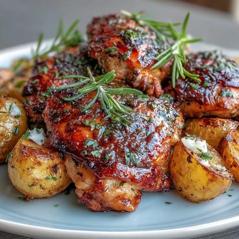 Golden roasted chicken with crispy skin, surrounded by tender potatoes and fresh herbs, a perfect centerpiece for dinner.