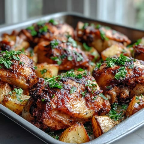 Easy Sheet Pan Chicken & Veggie Dinner with juicy chicken thighs and roasted carrots and potatoes on a sheet pan.