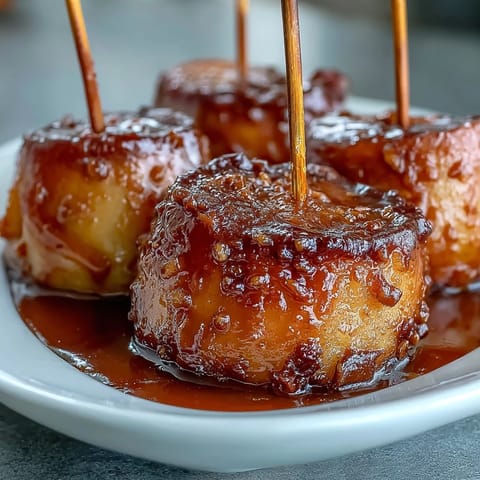 Caramel candy apple slices with crushed peanuts, arranged on a tray for a sweet and crunchy dessert treat.