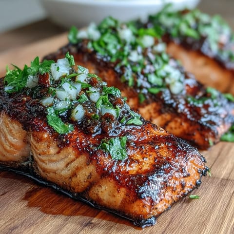 Grilled salmon with strawberry salsa on a plate, garnished with fresh cilantro and lemon wedges.