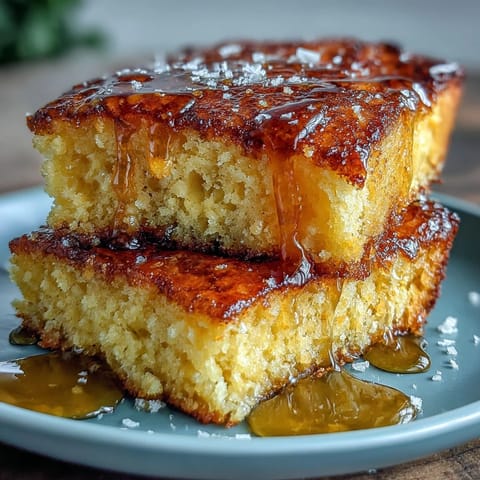 Classic Soul Food Cornbread Skillet with Honey Butter, golden and moist, baked in a cast-iron skillet and topped with creamy honey butter.