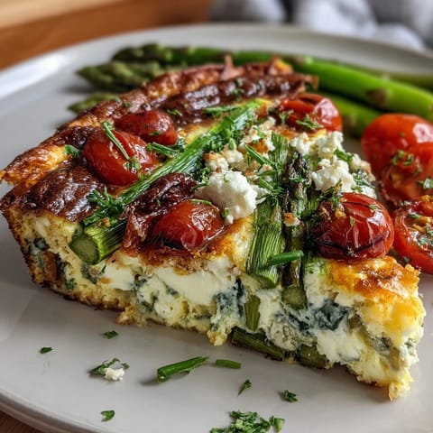 Fluffy vegetarian frittata packed with tender asparagus, zucchini, spinach, and tangy goat cheese, perfect for brunch.  