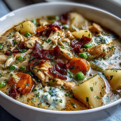 A creamy bowl of Slow Cooker Chicken Pot Pie Soup with tender chicken and hearty vegetables in a savory broth.