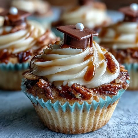 Festive vanilla cupcakes frosted and topped with chocolate graduation caps, ideal for party dessert tables.  