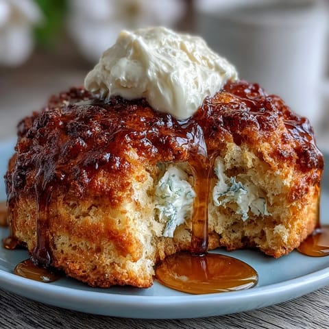Golden dandelion honey scones piled high with thick clotted cream on a rustic board.