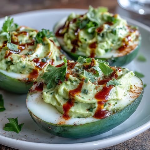 Vibrant avocado deviled eggs with a spicy Sriracha drizzle, perfect party appetizer.
