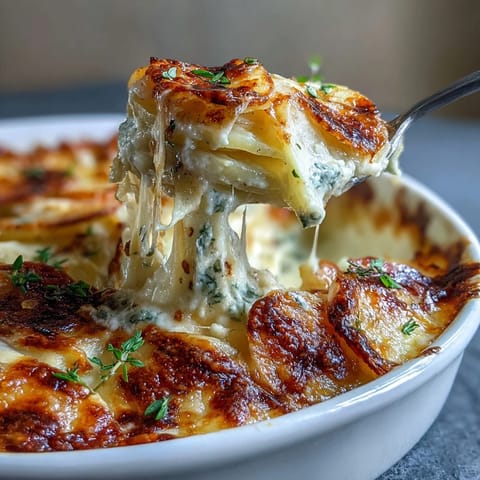 Golden, bubbling Creamy Scalloped Potatoes with Gruyere, a rich and cheesy comfort food side.