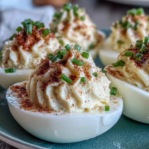 Creamy Classic Deviled Eggs platter, sprinkled with vibrant paprika and fresh chives.
