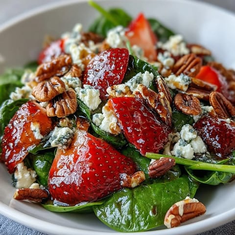 Bright and refreshing strawberry spinach salad with tangy goat cheese, crunchy toasted nuts, and a sweet balsamic dressing, perfect for summer gatherings.