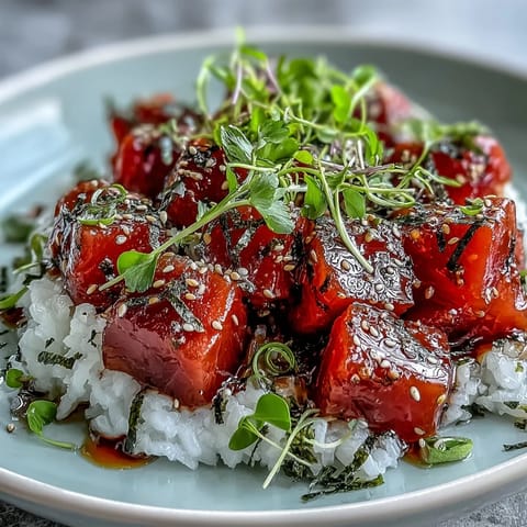 Spring Tuna Poke Bowl with ponzu-marinated tuna, crisp radish, and avocado over sushi rice.