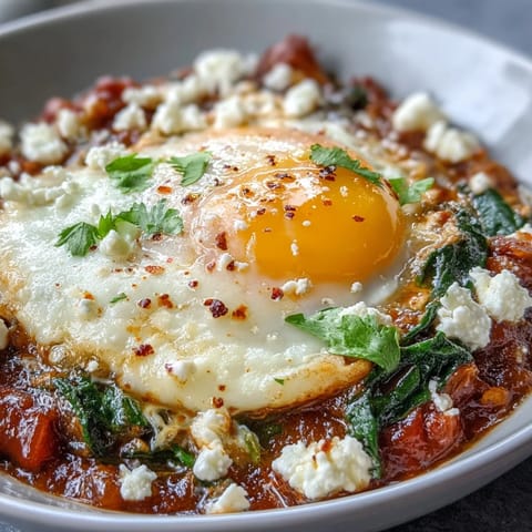 Spinach and Feta Shakshuka with eggs poached in a spiced tomato and spinach sauce, topped with creamy feta.