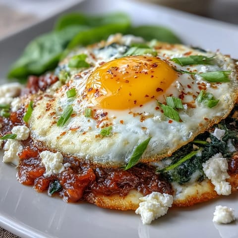 Vibrant vegetarian shakshuka featuring runny eggs nestled in a rich tomato-spinach base, finished with crumbled feta cheese.