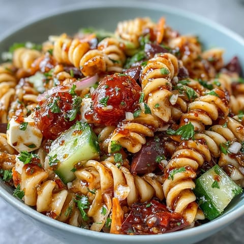 A vibrant Memorial Day pasta salad with crisp veggies, ready for your summer picnic.