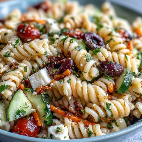 Freshly tossed Memorial Day pasta salad featuring colorful vegetables and zesty dressing.
