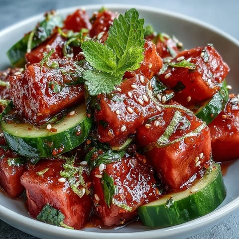 Vibrant watermelon cucumber salad, seasoned with Tajin lime, perfect for a light, refreshing side.