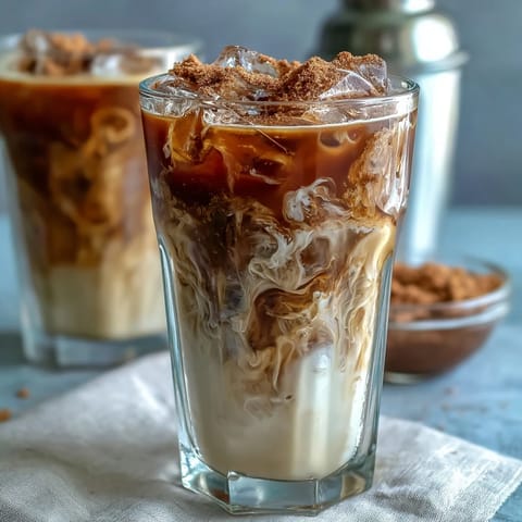Homemade Brown Sugar Oat Milk Shaken Espresso, frothy and iced, a coffeehouse delight.