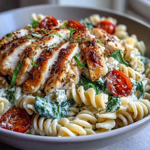 Protein-packed pasta bowl topped with tender grilled chicken, cottage cheese, and sautéed spinach for balanced nutrition.  