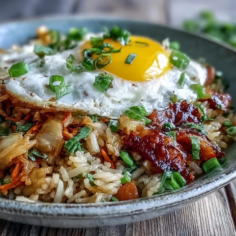 Spicy fermented cabbage kimchi fried rice bowl, topped with a golden sunny-side-up egg.