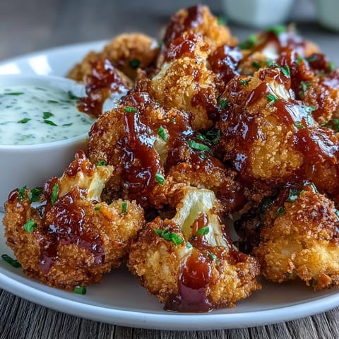 Crispy, saucy Vegan BBQ Cauliflower Wings alongside creamy ranch dip, perfect for dipping.