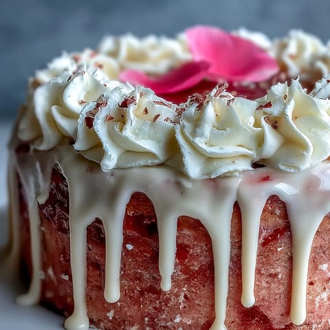 Elegant Bridal Shower Rosé Velvet Cake adorned with shimmering gold drip.