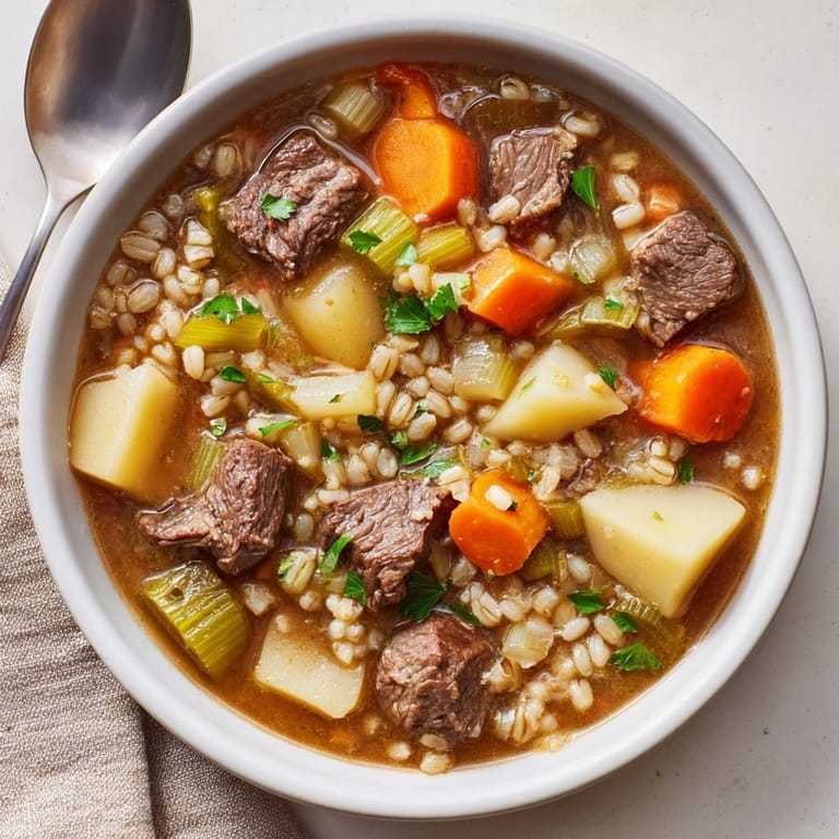 Savory Beef and Barley Stew with Root Vegetables, ready to be garnished with fresh parsley.