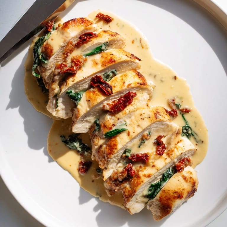 Zesty and creamy Tuscan Garlic Chicken garnished with fresh basil and Parmesan cheese.