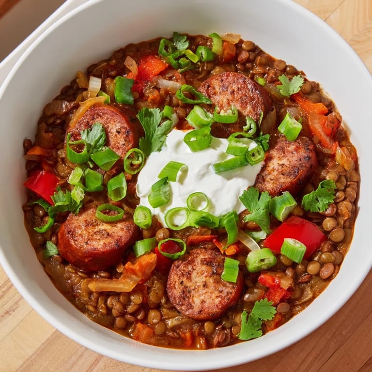 Hearty Spicy Lentil and Sausage Chili served with crusty bread on a rustic table.  