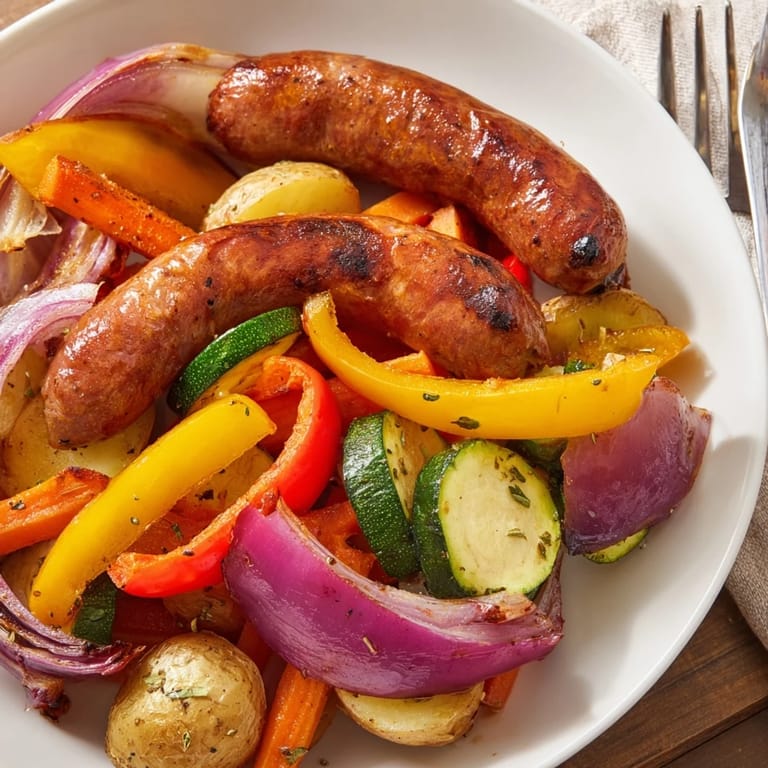Sizzling Italian sausages on a sheet pan with vibrant, caramelized roasted vegetables.  