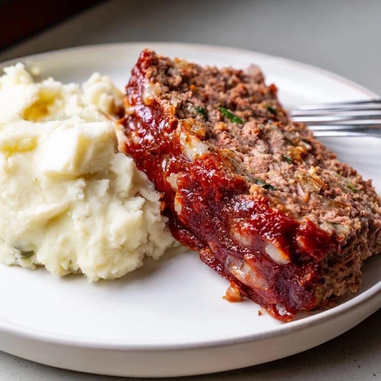 Sliced classic meatloaf surrounded by fluffy mashed potatoes and savory herbs.
