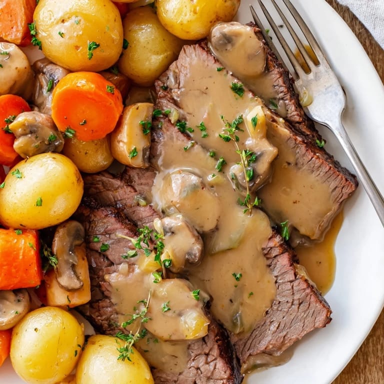 Comforting Slow Cooker Creamy Pot Roast garnished with parsley, perfect for family dinners.