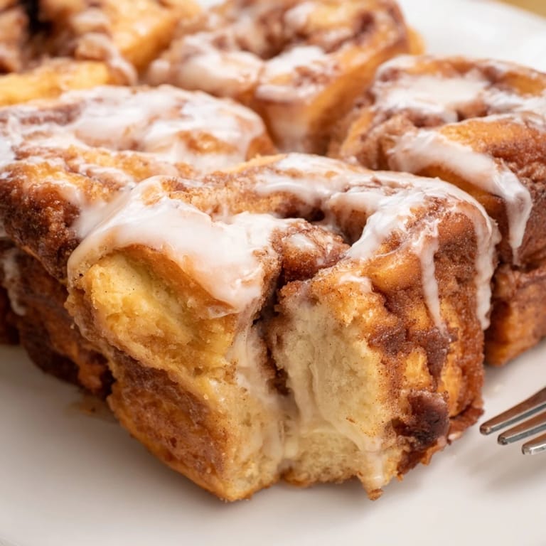 Fluffy pieces of Warm Cinnamon Sugar Pull-Apart Bread served on a plate, drizzled with glaze.  