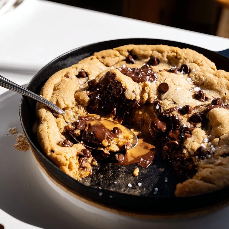 Warm, freshly baked chocolate chip skillet cookie oozing with melty chocolate goodness, perfect for sharing.  