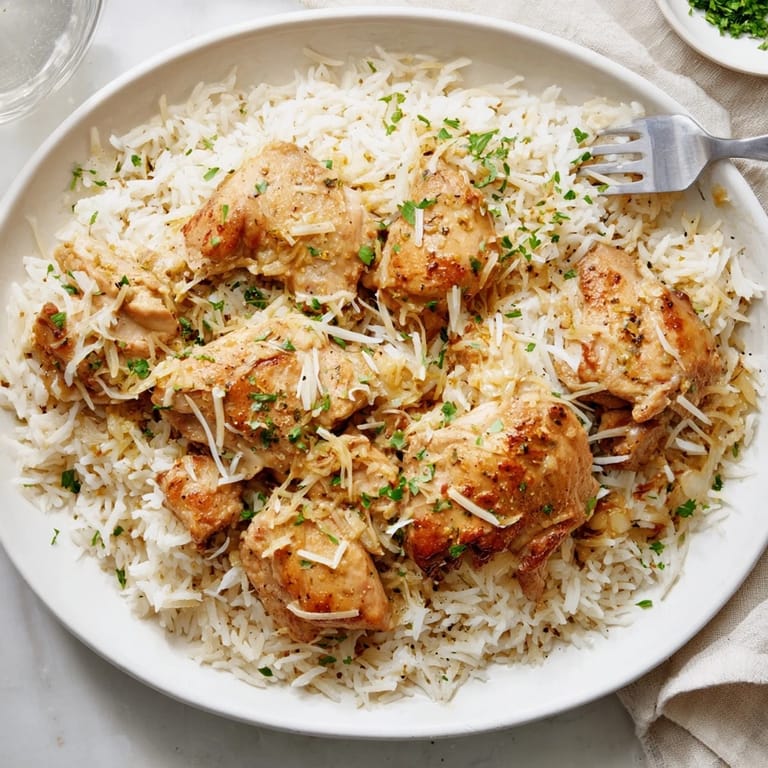 Sizzling One-Pot Garlic Parmesan Chicken and Rice with melted cheese and garlic aroma.