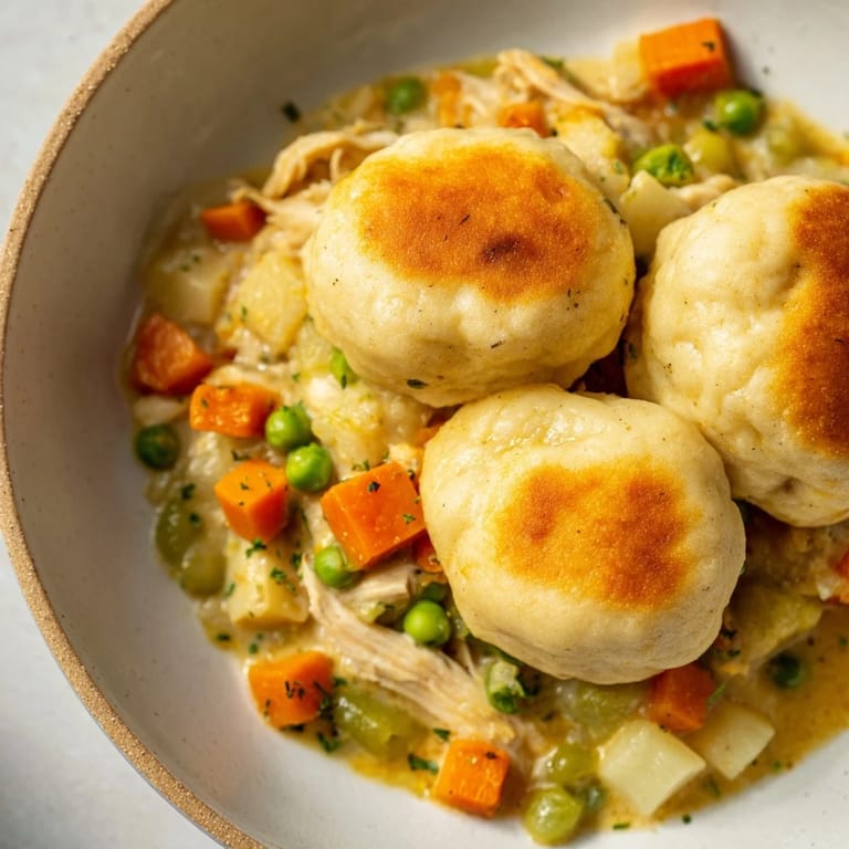 Creamy Chicken and Dumplings Casserole with fluffy, baked dumplings and savory chicken pieces.