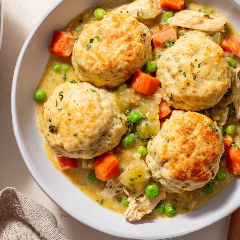 Hearty Chicken and Dumplings Casserole, a comforting American classic bubbling in the oven, ready to eat.