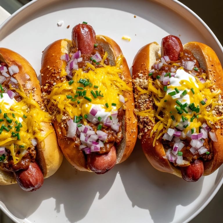 Warm, savory Chili Dog Casserole, with visible hot dogs, onions, and chili bubbling from the oven.
