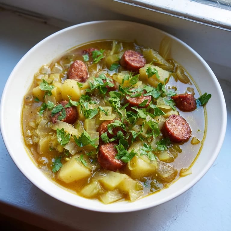Close-up of a flavorful Potato, Leek & Chorizo Soup, showcasing the ingredients' rich textures and aromas.