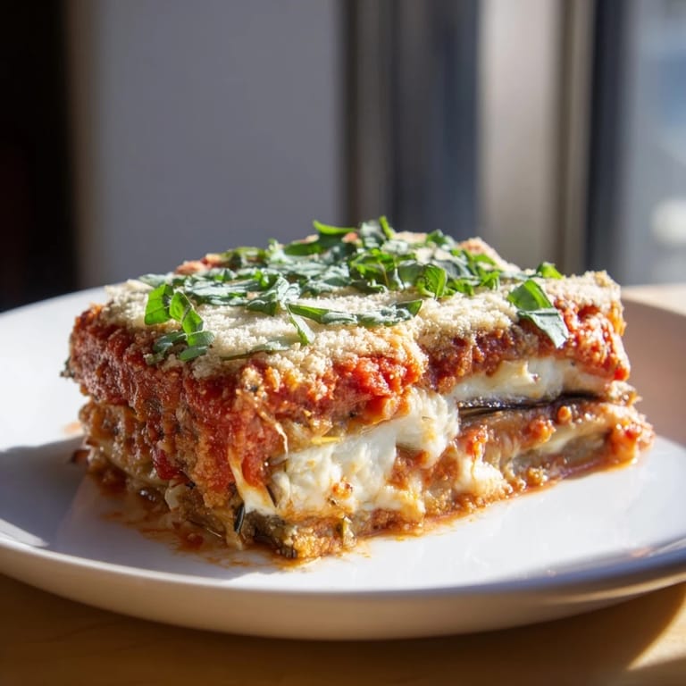 Perfectly baked Eggplant Parmesan Lasagna features golden breaded eggplant and creamy ricotta layers.