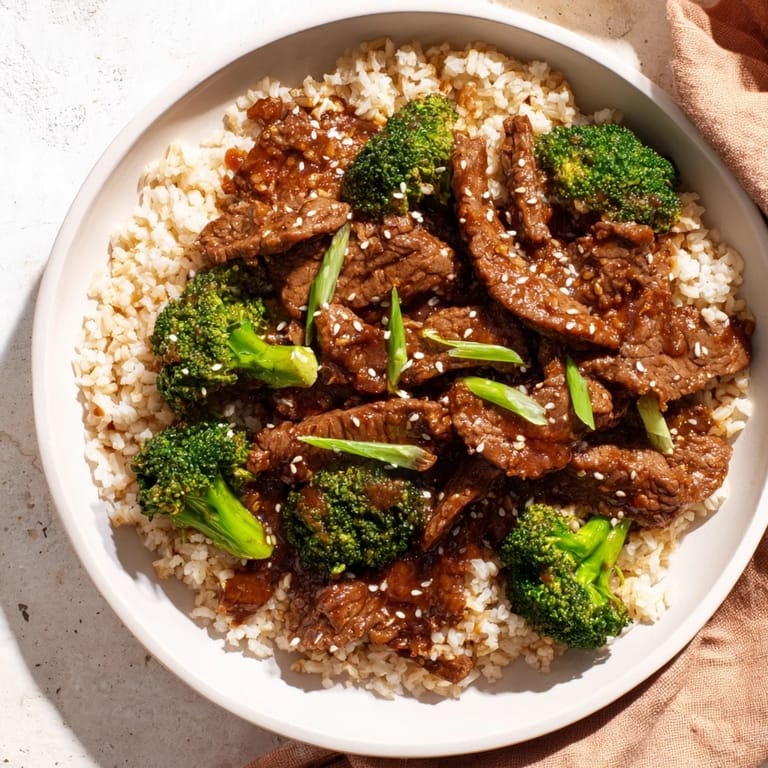 A delicious bowl of Slow-Cooker Beef & Broccoli: you can smell the savory sauce with hearty beef and broccoli.