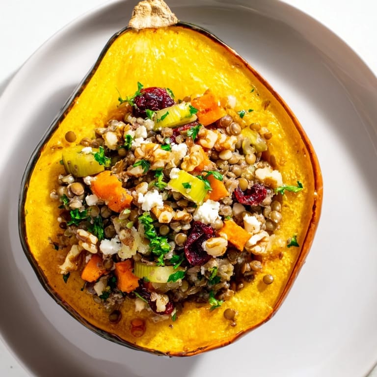 Warm, appetizing Lentil & Walnut Stuffed Acorn Squash, a delightful vegetarian main course idea.
