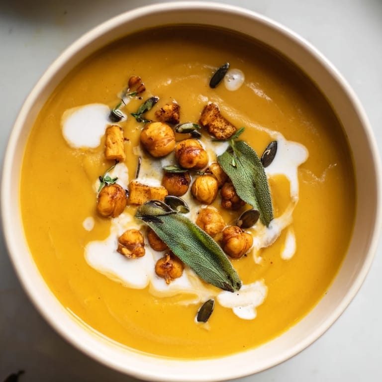 A warm bowl of Chickpea, Pumpkin & Sage Soup, showcasing a rich orange color and creamy texture.