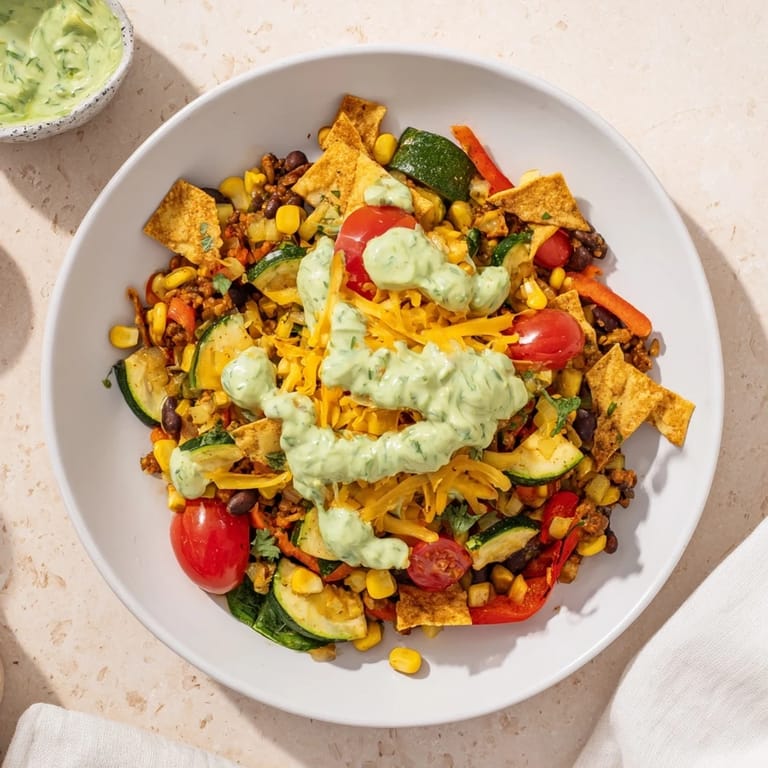 Bright, flavorful Veggie-Packed Taco Skillet with avocado yogurt, ready to spoon from the pan with creamy topping.