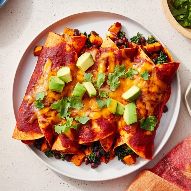 Imagine these flavorful One-Pan Sweet Potato, Black Bean & Kale Enchiladas coming right from the oven, ready to serve.