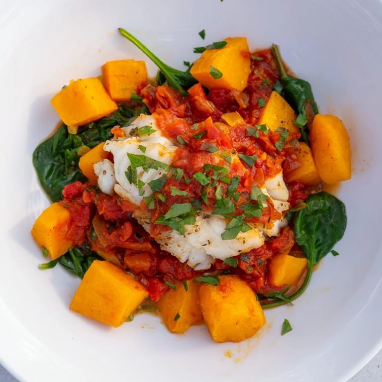 A beautiful oven-baked cod dish featuring roasted butternut squash and a flavorful, herbed tomato base.