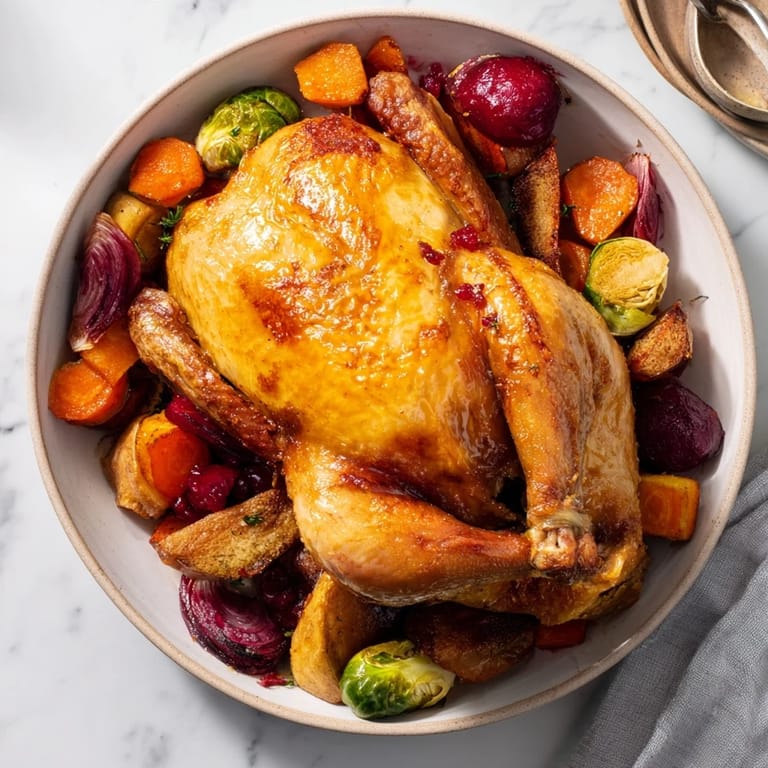 Savor the aroma of roasted sheet-pan turkey breast with winter vegetables and cranberry glaze.