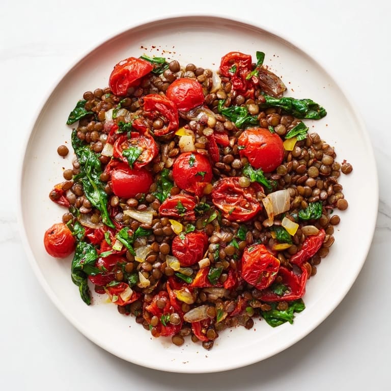 A bubbling skillet of Lentil-Tomato Skillet, a colorful Mediterranean dish with fresh flavors and aromas.