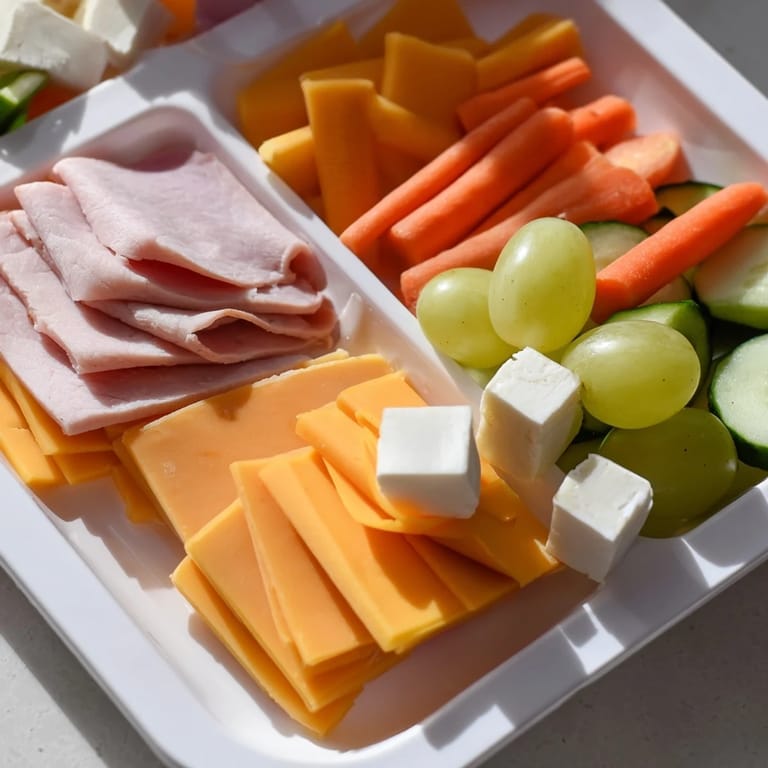 Ready-to-eat DIY Lunchables including turkey, cheddar, and grapes, perfect for a quick and pleasant snack.