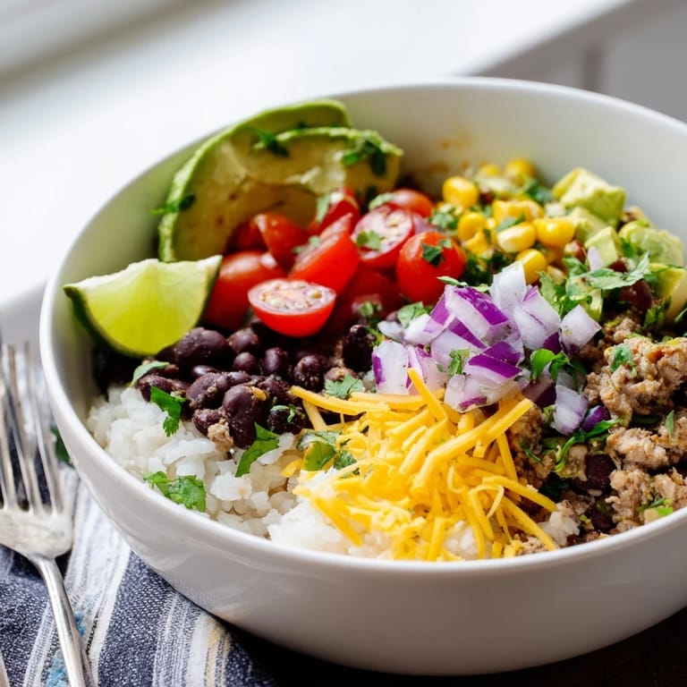 Delicious Rice, Bean, and Corn Burrito Bowls featuring warm rice, flavorful beans, and corn, ready to enjoy.
