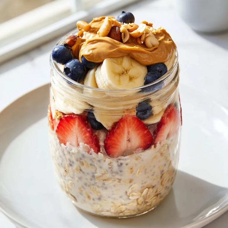 Freshly prepared overnight oats jars showcasing colorful berries and a swirl of peanut butter.