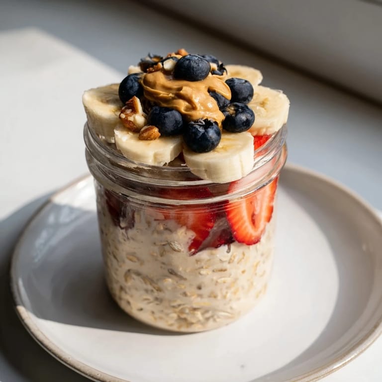 A close-up of healthy overnight oats jars, ready to eat, with layers of fruit and peanut butter.
